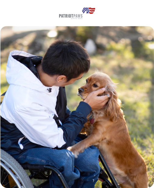image of a man on a wheelchair petting a dog with a logo of Patriot Paws