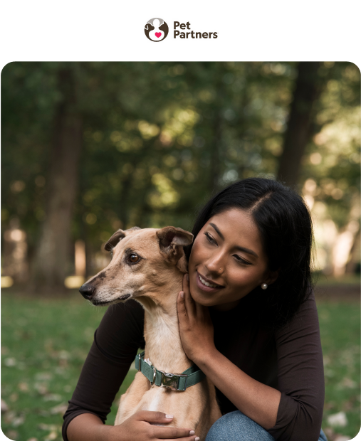 image of a woman hugging a dog from behind with a logo of pet partners