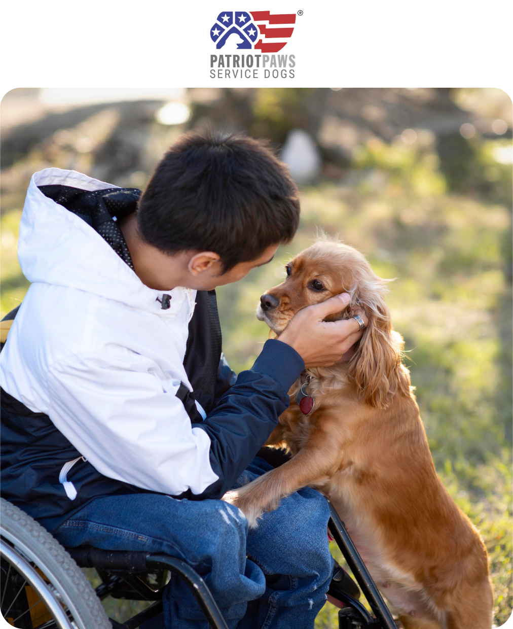 image of a man on a wheelchair petting a dog with a logo of Patriot Paws