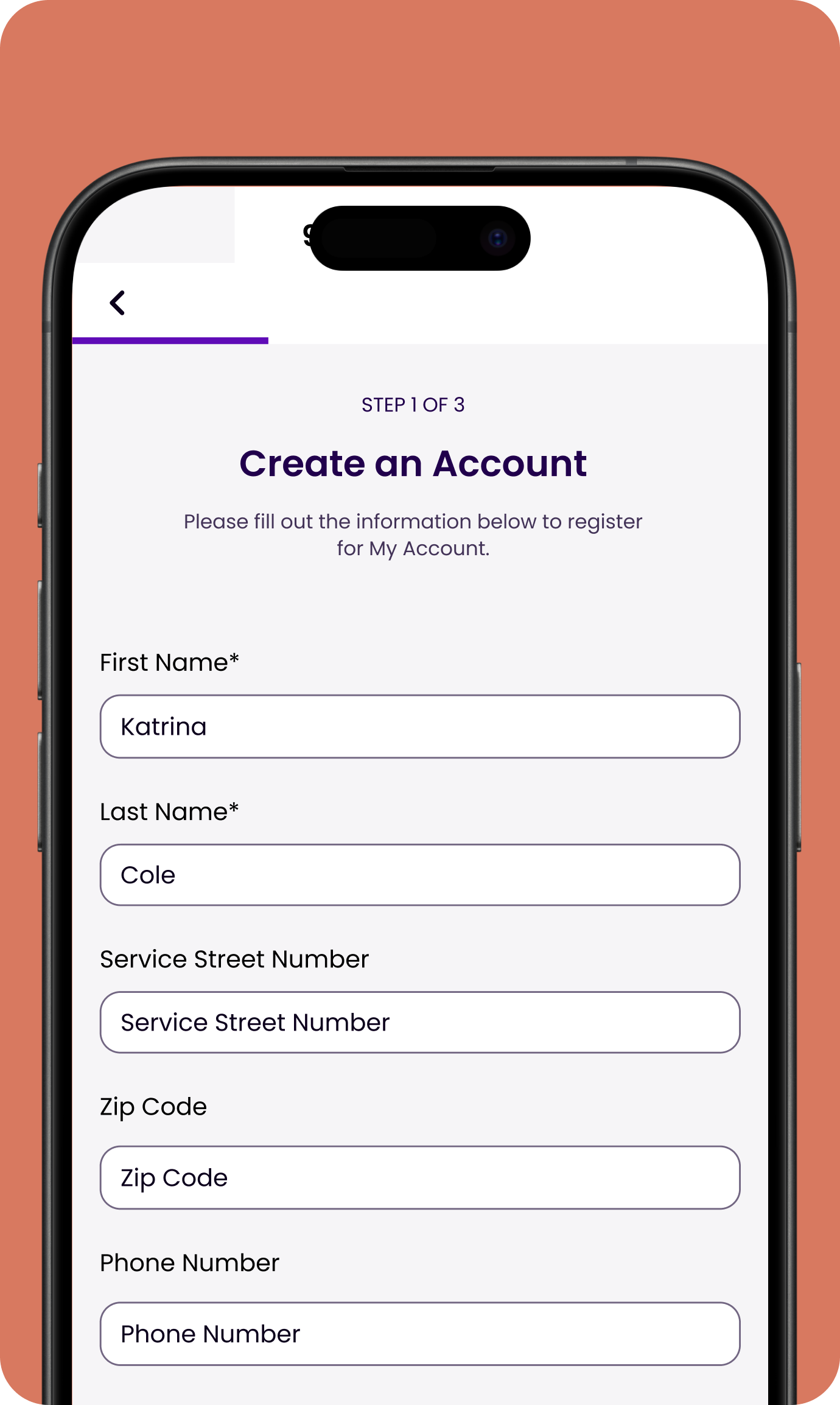 image of a registration form on a preview of companion energy app on a phone screen