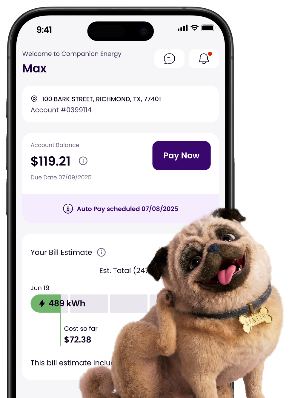 image of a dog in front of phone screen with a preview of companion app 